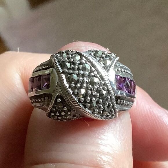 STERLING SILVER 925 AMETHYST MARCASITE BEAUTIFUL RING SIZE US 7.5​ - Picture 6 of 10